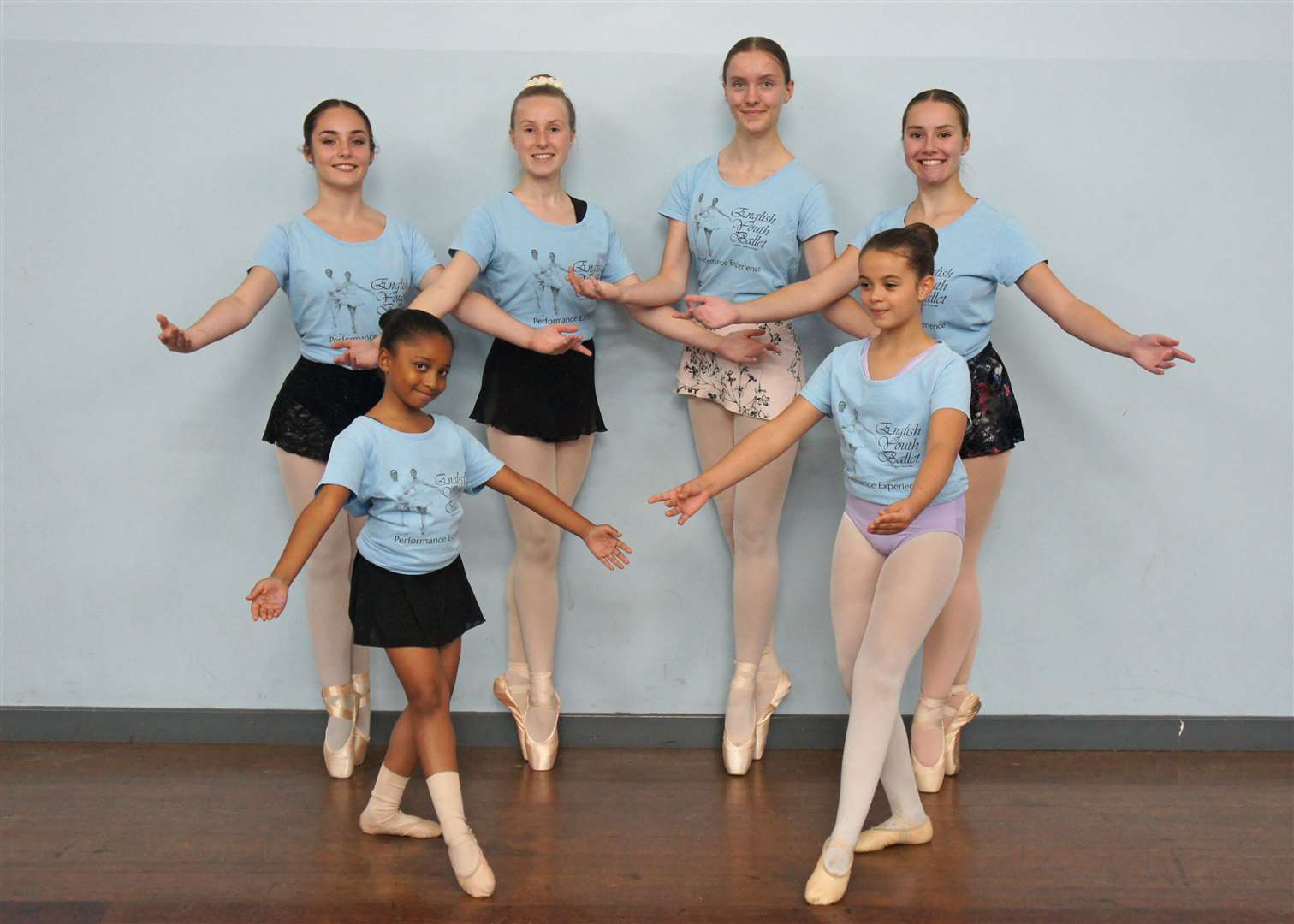 Back line – Samantha Timbers, Elle Phillips, Emily Bradley, Jasmine Phillips, and front line – Inaya Fraser and Taliah are all performing with the English Youth Ballet