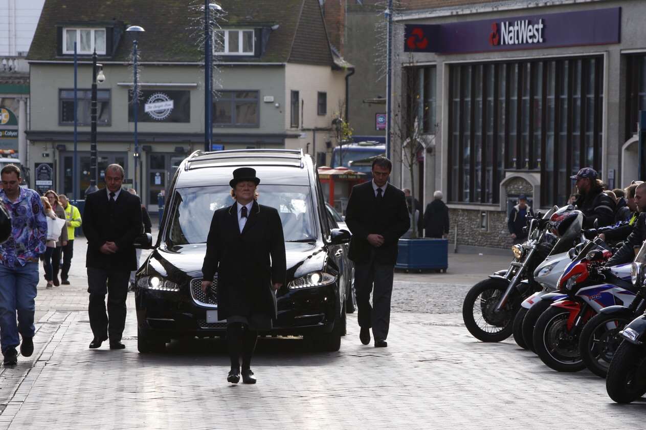 The hearse, carrying Kelly Turner's coffin arrives at St Mary the Virgin Church, Dover