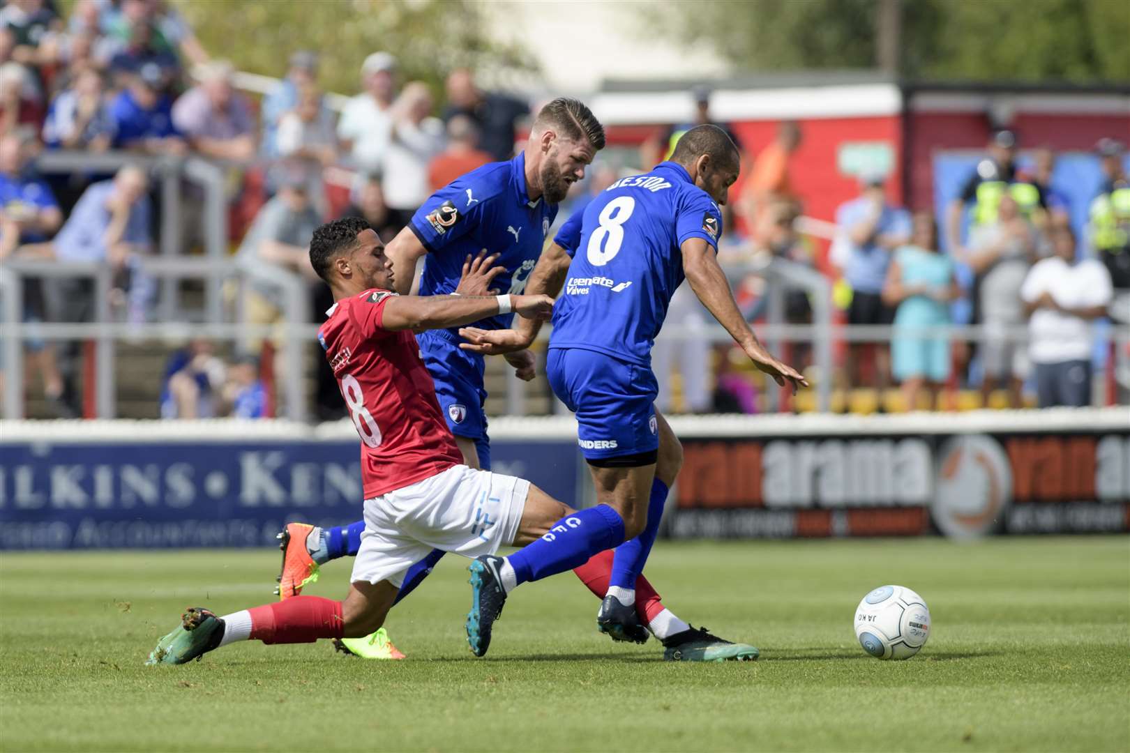 Fleet's Corey Whitely comes up against two Chesterfield defenders. Picture: Andy Payton