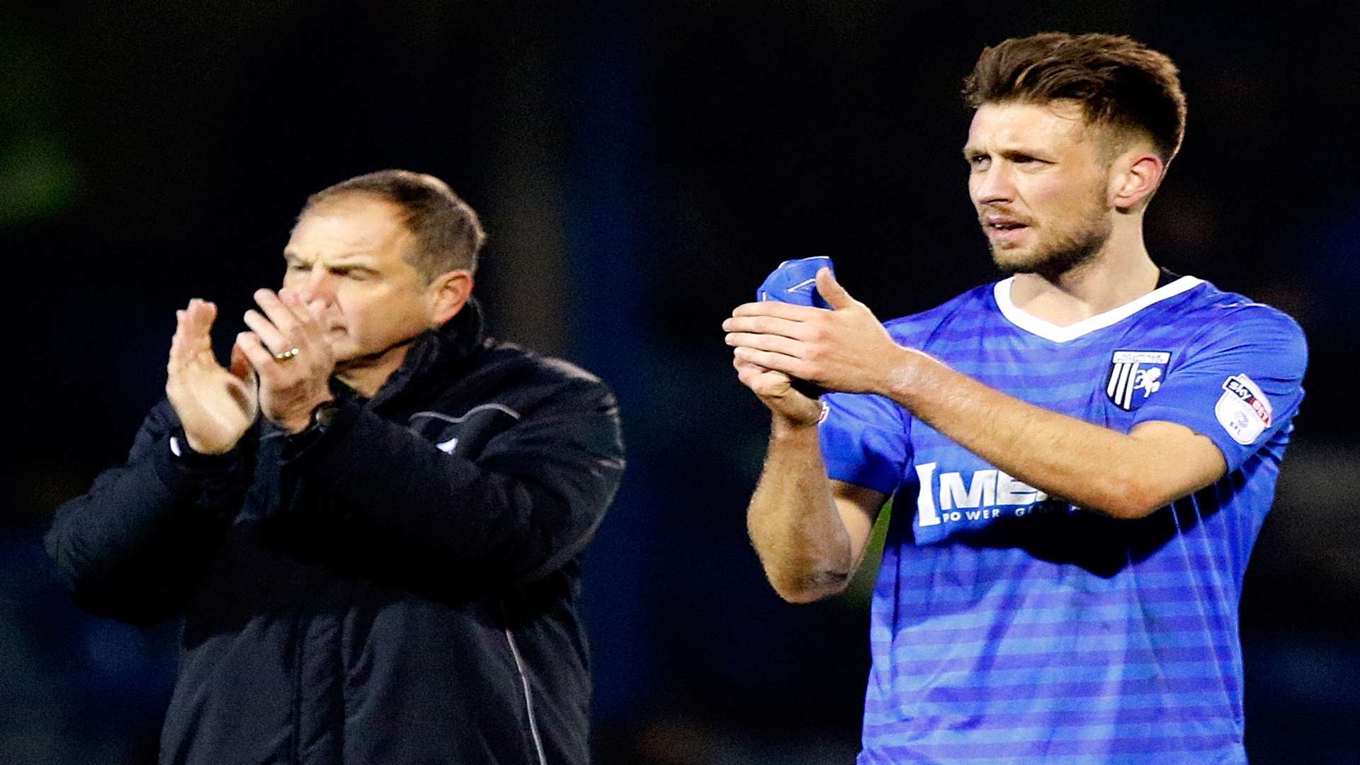Boss Steve Lovell and defender Luke O'Neill thank the Gills fans for their support on Saturday Picture: Andy Jones