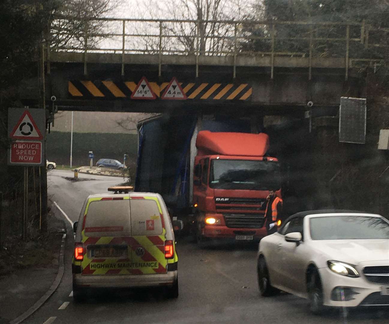 A lorry has struck a bridge on Seven Mile Lane, near Wrotham Heath. Picture: Jon Parsons