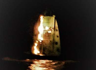 Princess No 5 light buoy on fire. Picture: RNLI