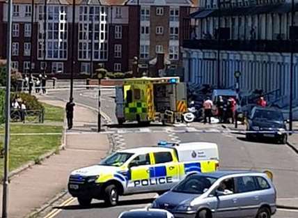 Police and ambulance on the scene of the accident in Cliftonville in which a motorcyclist has been seriously injured. Photo: Emily Gale