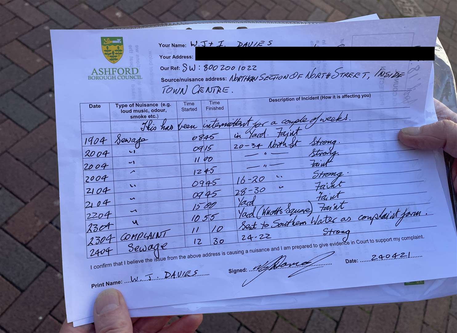 An incident log of smells dating back to April, alleging a complaint was filed on April 23