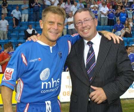 Andy Hessenthaler with Gills' chairman Paul Scally during his 2006 testimonial match. Picture: Grant Falvey