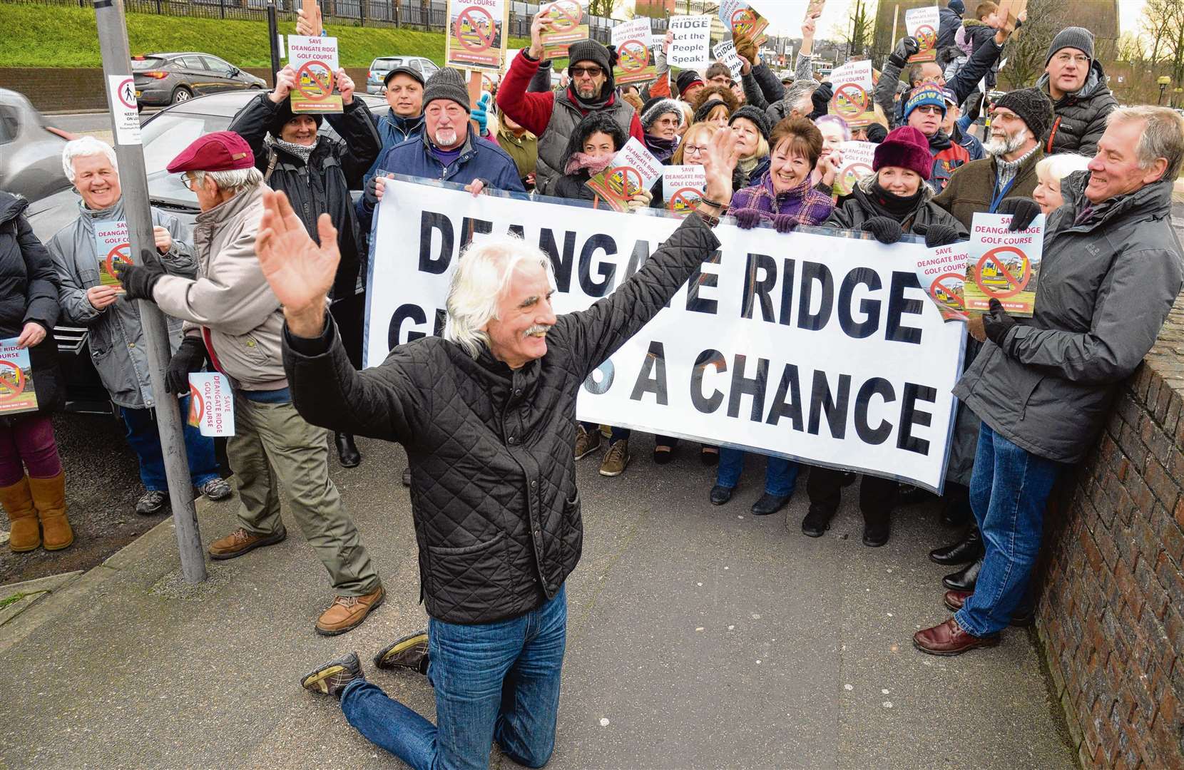 George Crozer leads the protest against the closure of Deangate Ridge Golf Course outside the Medway Council offices in Gun Wharf . Picture: Chris Davey