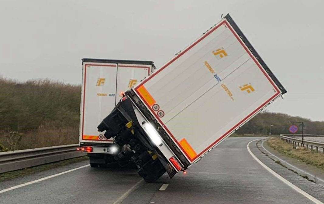 A lorry caught up in Storm Ciara. Picture: Highways England