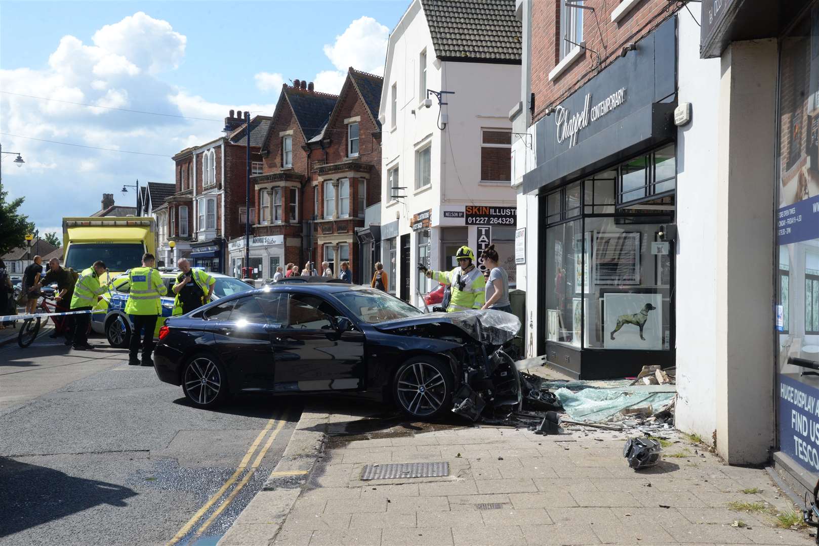 The scene in Oxford Street, Whitstable after a car crashed into the Chappell Contempoary Art Gallery. Picture: Chris Davey