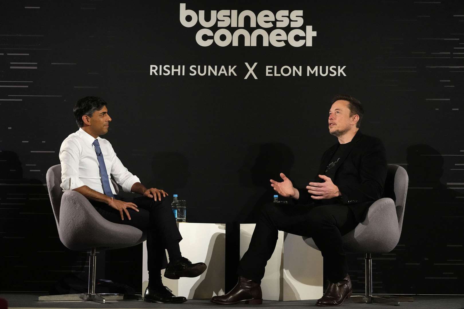 Prime Minister Rishi Sunak (left) and Elon Musk, chief executive of Tesla and SpaceX in-conversation in central London, at the conclusion of the second day of the AI Safety Summit on the safe use of artificial intelligence (Kirsty Wigglesworth/PA)