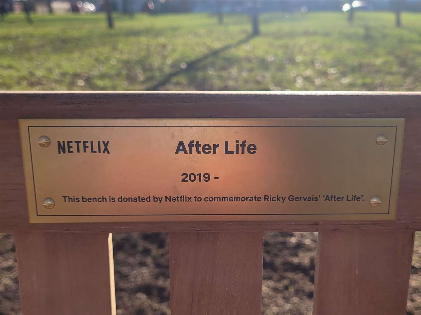 This gold plaque has been removed from the middle of the bench