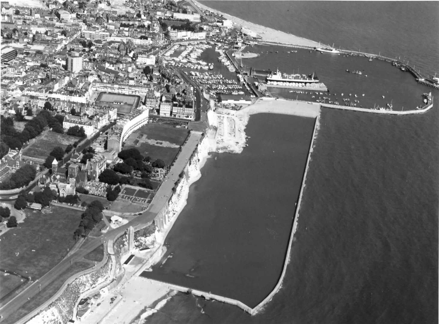 A bird's-eye view of Ramsgate in 1979. The large lido is in the foreground, with the Royal Harbour beyond