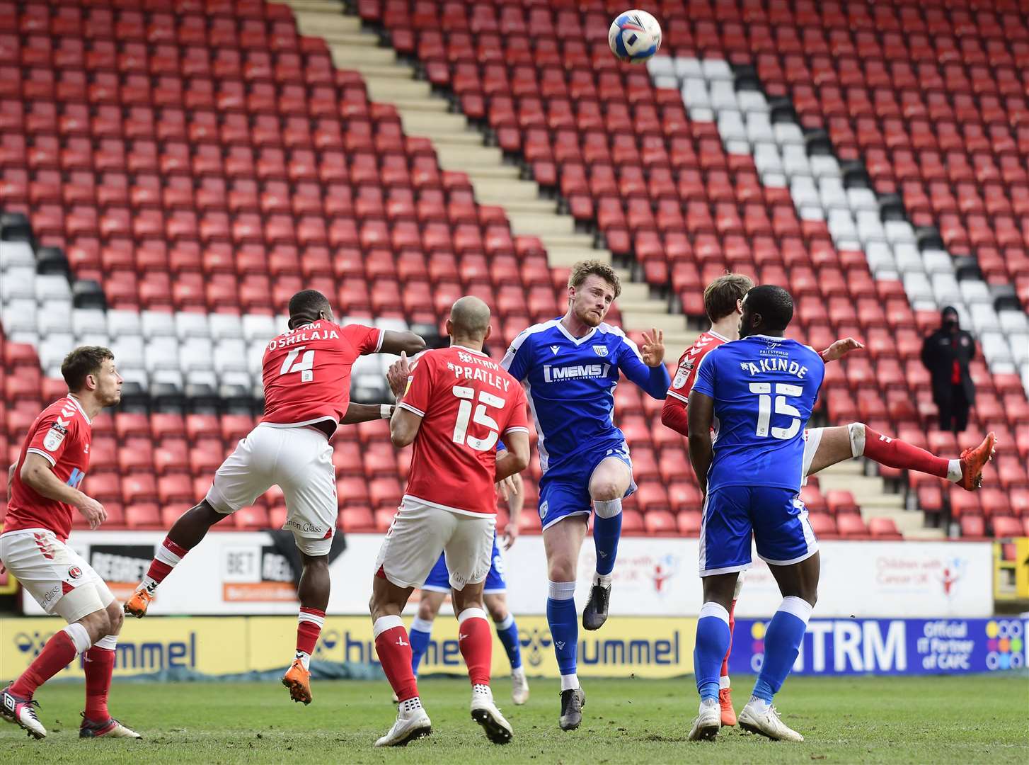 Robbie Cundy challenges for Gillingham at The Valley. Picture: Barry Goodwin. (44403520)