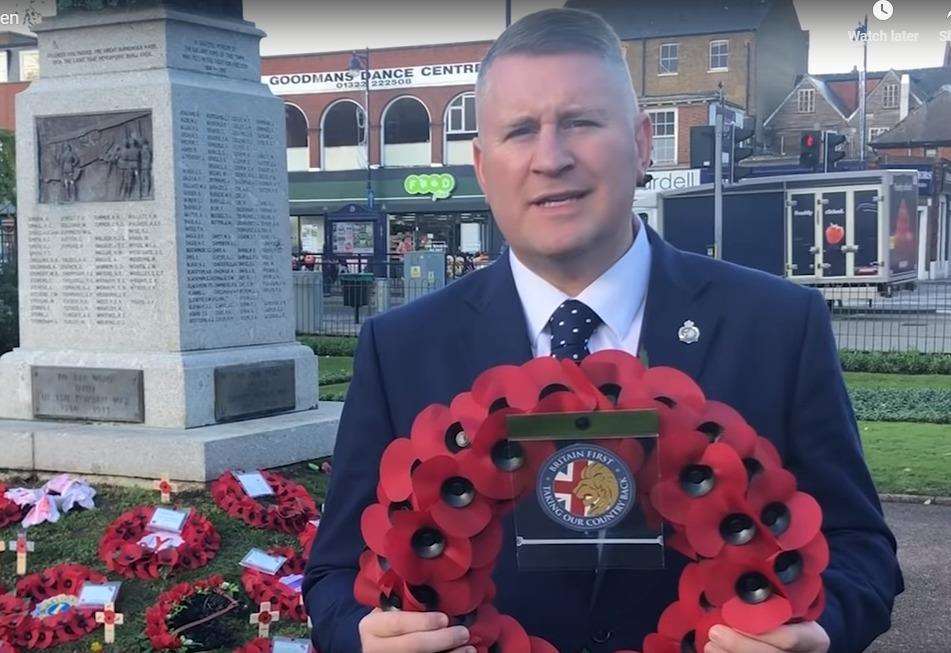 Britain First leader Paul Golding laying a wreath at the Dartford war memorial