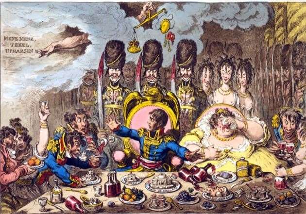 James Gilray's print from 1803 showing Napoleon enjoying the spoils of England, including a bottle of Maidstone gin