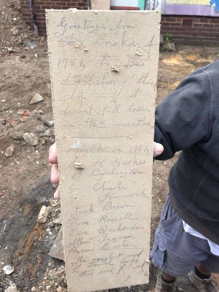 A note left by brickies more than 60 years ago has been unearthed as a shop in Twydall undergoes a renovation. Picture: Jamie Elwin