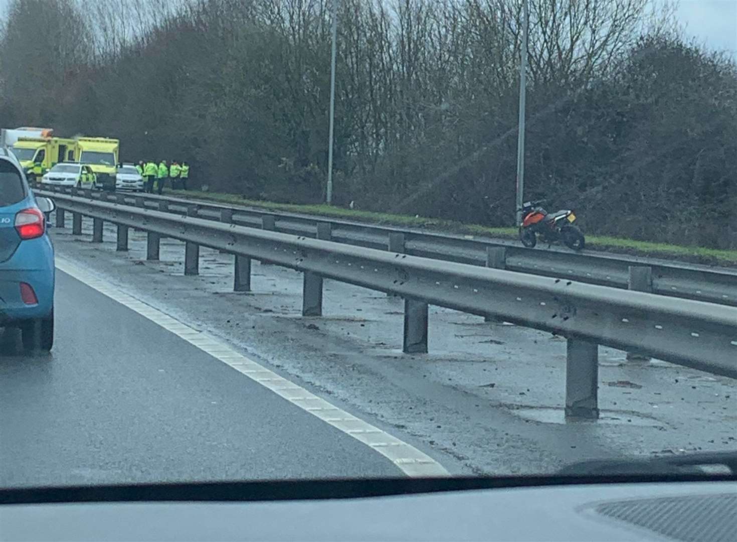 The coastbound carriageway is closed between the Brenley Corner roundabout and the Dargate Services as a result. Picture: Jane Lynch