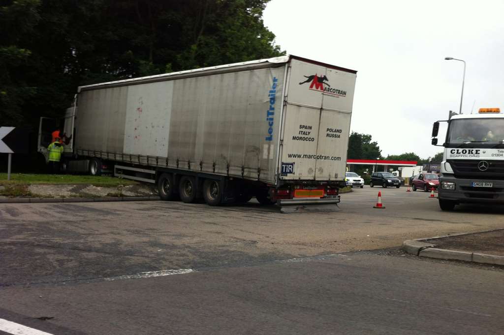 Lorry crashes at a roundabout on the A2 at Whitfield