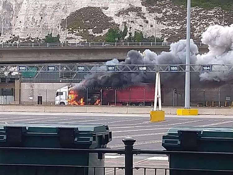 The lorry on fire at the Port of Dover. Picture: Richard Law (14404134)