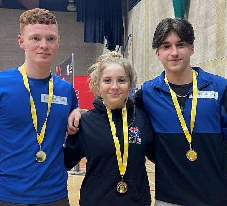 Maidstone weightlifters Ed Skinner, Ophelia Harrison and Tayla Hounsell