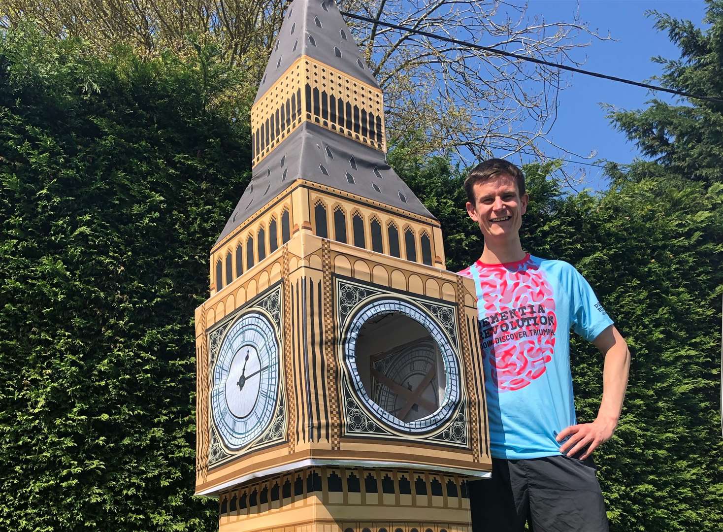 Lukas Bates, from Maidstone, with his Big Ben costume before the London Marathon. Picture: Alzheimer's Research UK