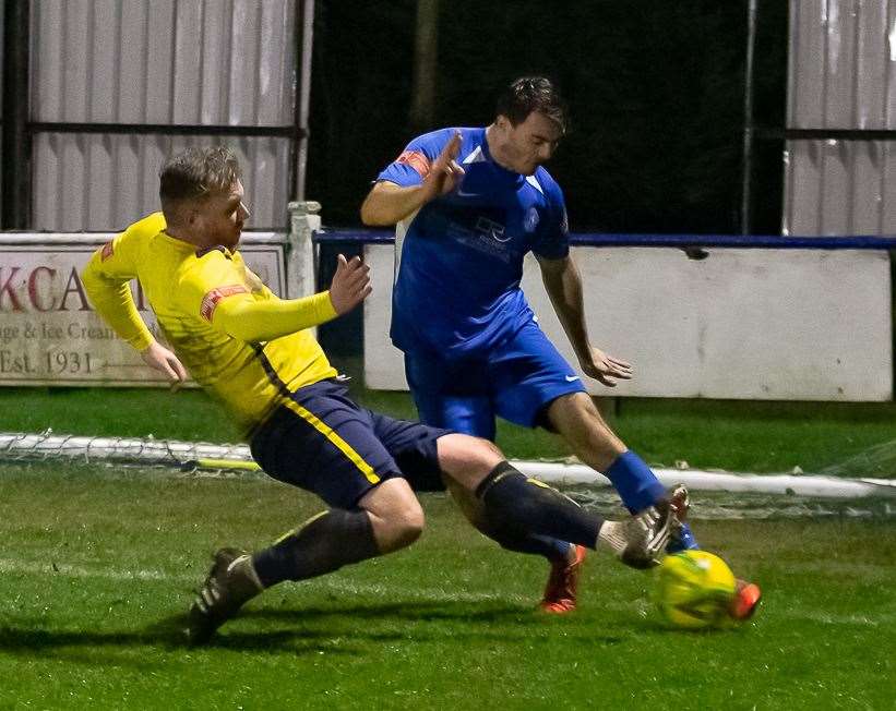 Defender Dan Johnson struck twice in their 2-2 draw with Welling on Tuesday in the Kent Senior Cup before Bay lost 5-4 on penalties. Picture: Les Biggs