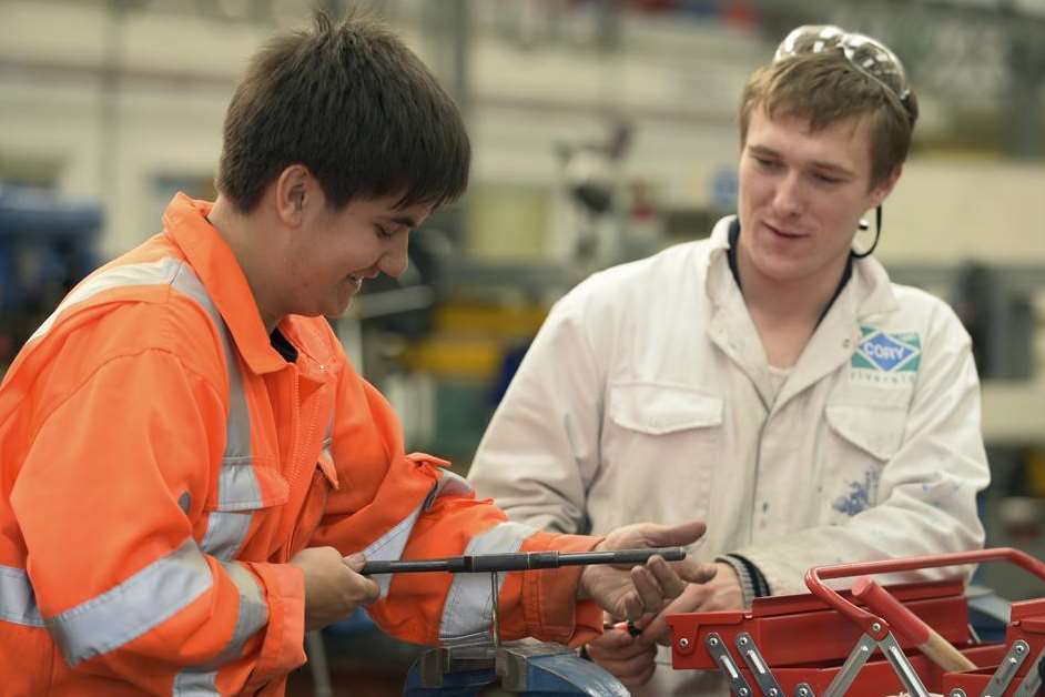 Engineering apprentices Ashley Skey, left, and Daniel Farmer working at IPS International in Strood