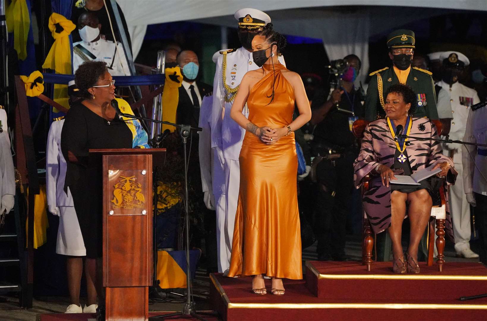 Rihanna, centre, attends the ceremony that saw Barbados become a republic (Jonathan Brady/PA)