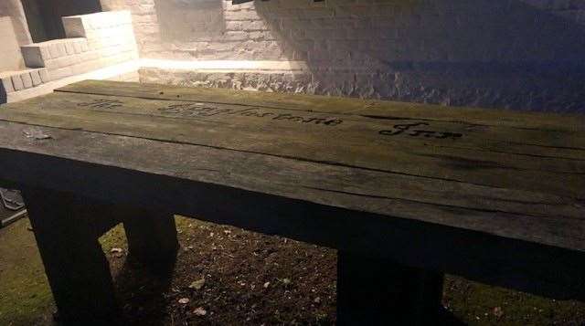 Apologies for the poor photograph but it was dark by the time we left and I was able to take this shot of a sturdy outdoor table carved with the pub’s name
