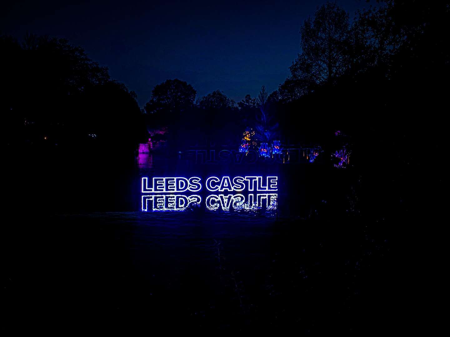 The trail began with a large Leeds Castle sign lighting up the lake