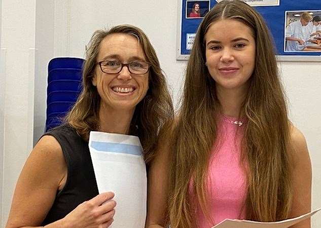 Milly Driscoll, of Aylesford School, with her mum after picking up her GCSE results