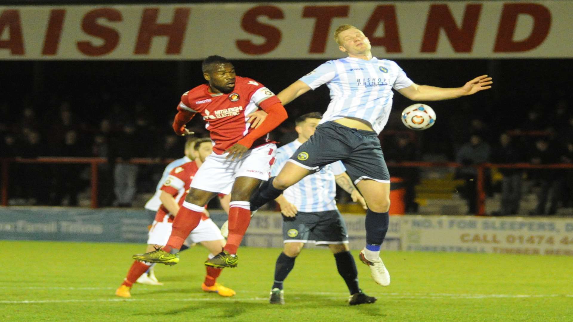 Ebbsfleet striker Aaron McLean challenges for the ball in the air Picture: Steve Crispe