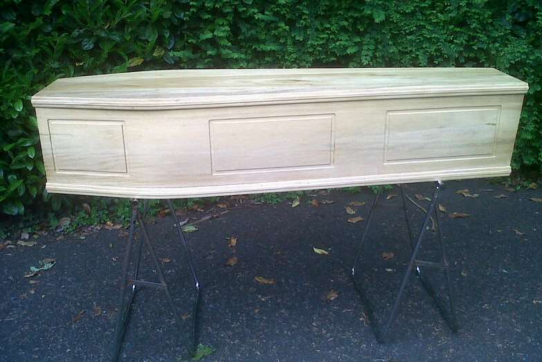 The 6ft beech wood casket, which comes complete with a lid, is available for £175.