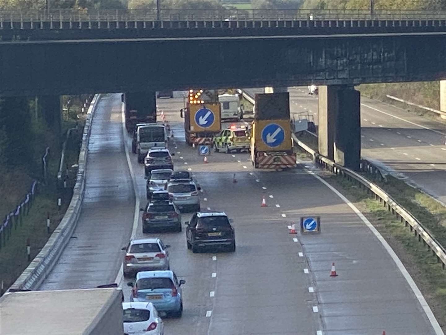 The queues after a van and a caravan were involved in a collision on the M20 near Ashford. Picture: Steve Salter