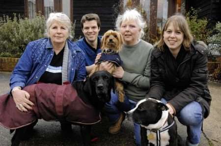 Chris Page, vet Julian Poublon, Justine Marlowe and Helene Stanley with dogs Jodi, Louie and Gnasher. Picture: Chris Davey