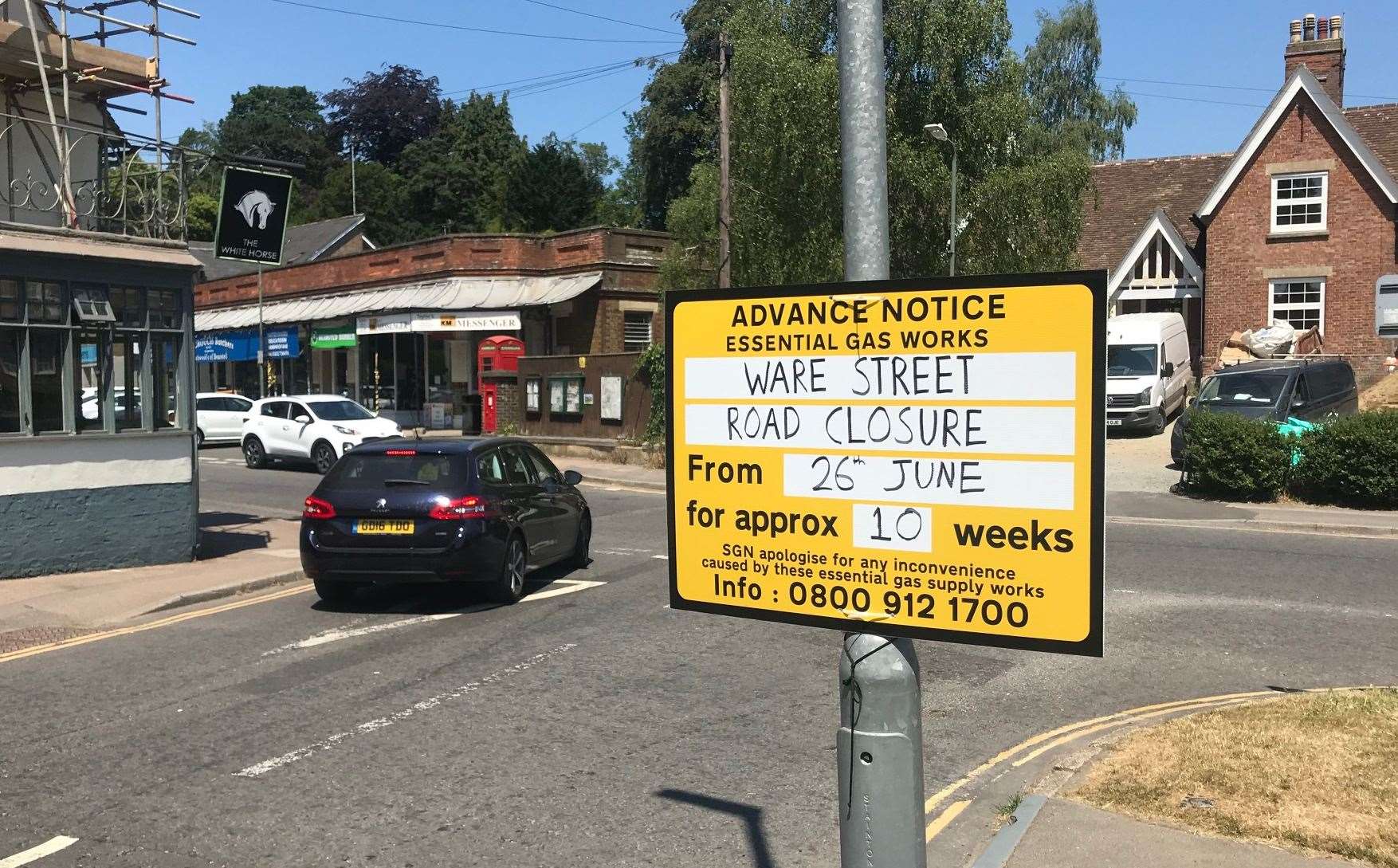 A sign warning drivers that Ware Street in Bearsted will be shut for about 10 weeks from June 26