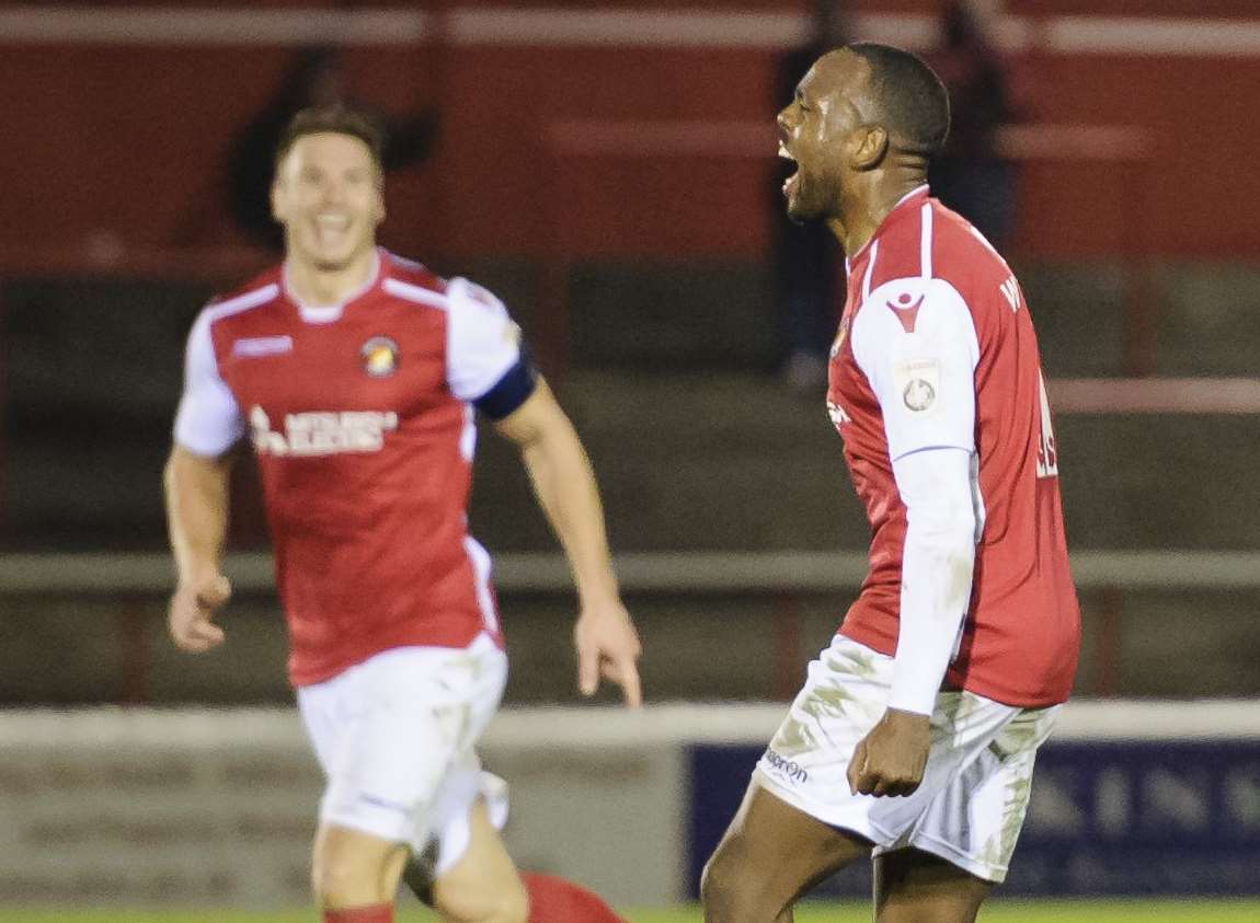 Myles Weston celebrates his late winner against Eastleigh Picture: Andy Payton