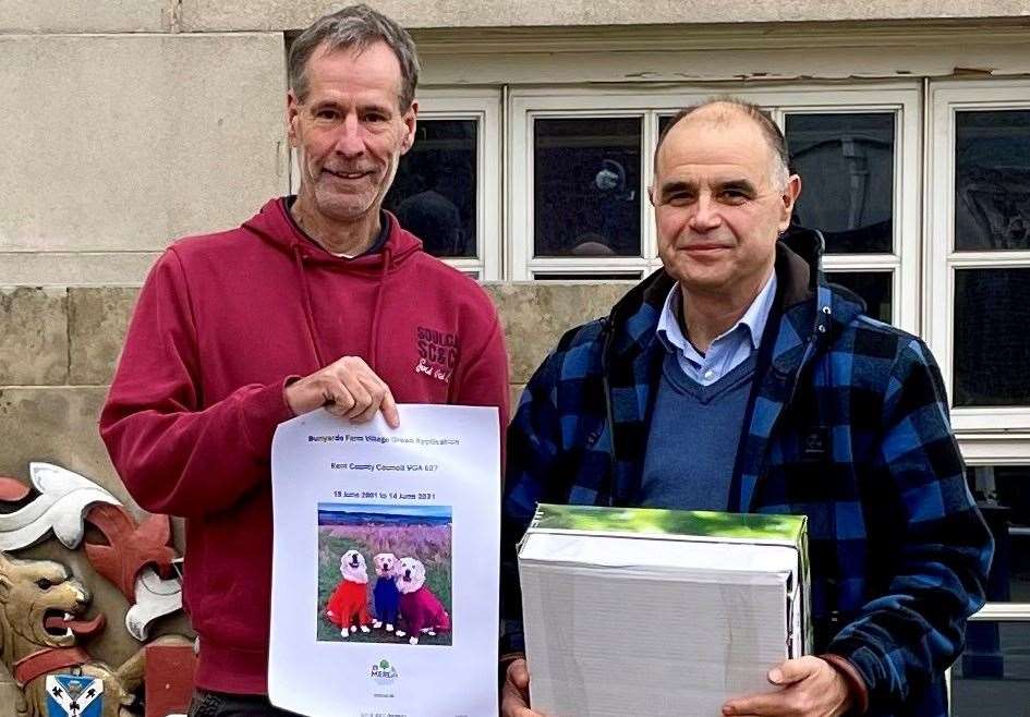 Duncan Edwards and Chris Passmore delivering 800 pages of documents to County Hall in Maidstone