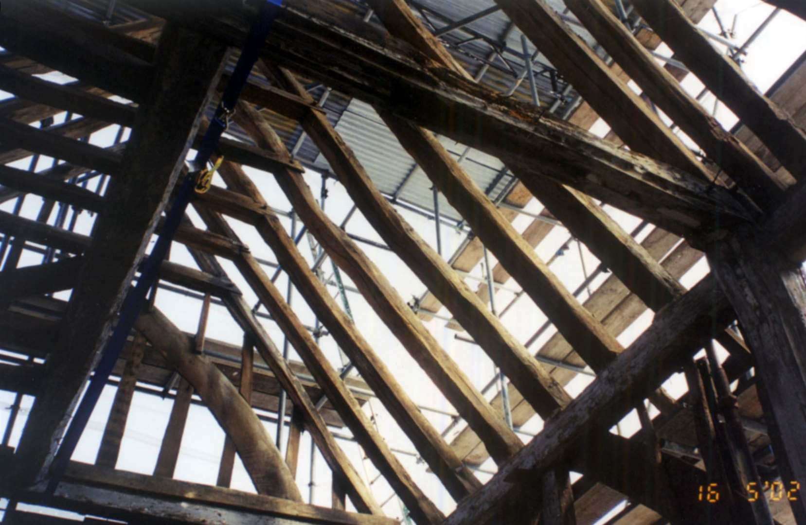 The roof beams while during restoration