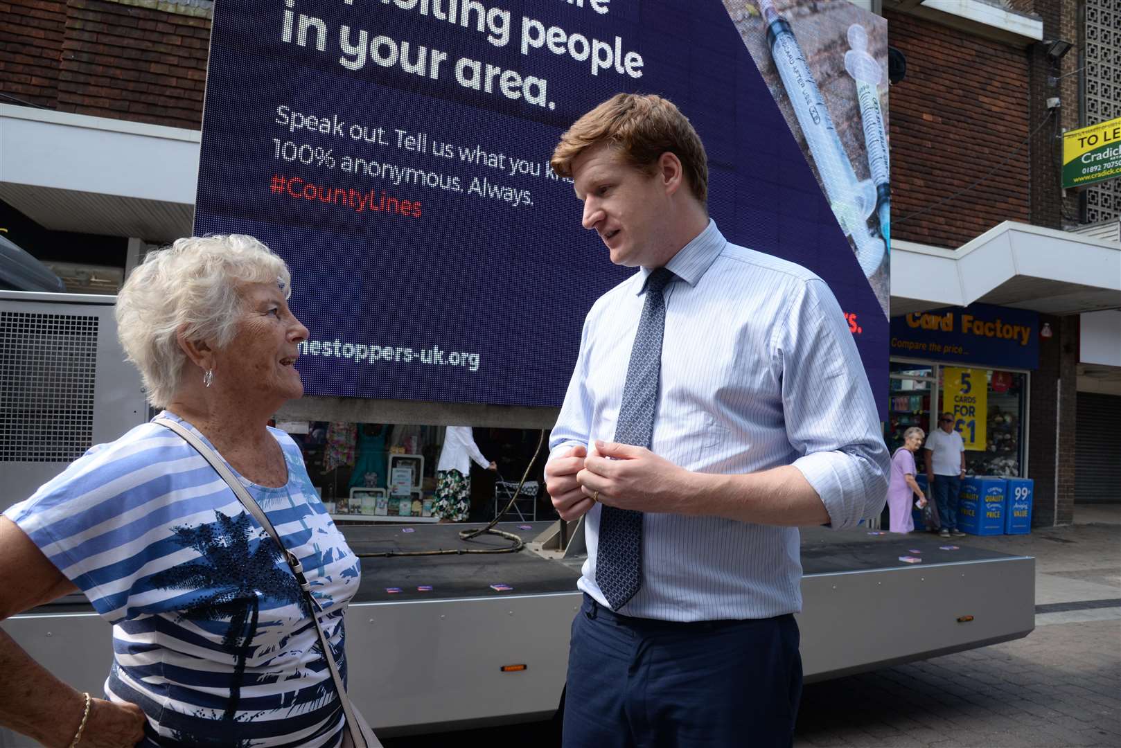 Kent Police and Crime Commissioner Matthew Scott chats with Joan Eacott in Gravesend. Picture: Chris Davey