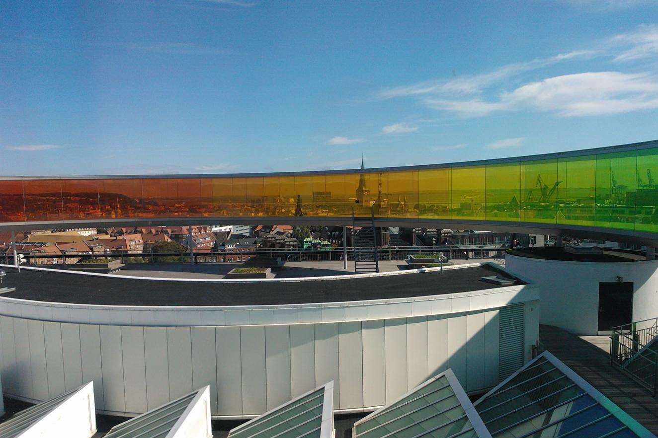 The rainbow walkway on the rooftop of the Aarhus Art Museum
