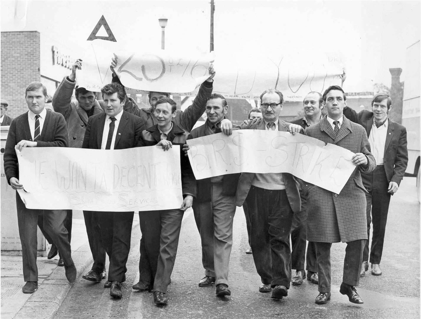 British Road Services drivers marching through Strood in 1970. They had been on strike for higher wages
