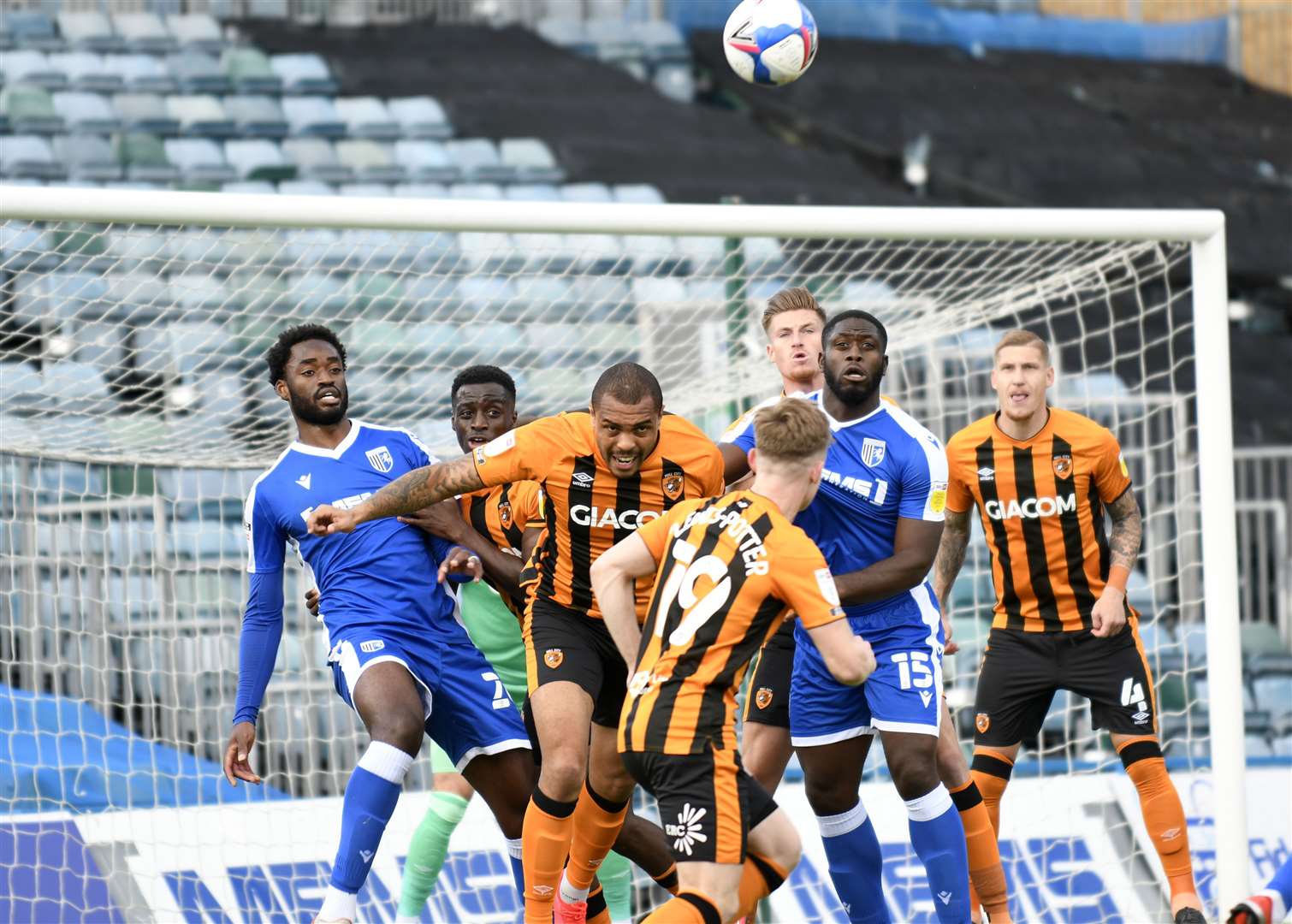 Christian Maghoma defending the Gills box alongside striker John Akinde on Saturday Picture: Barry Goodwin