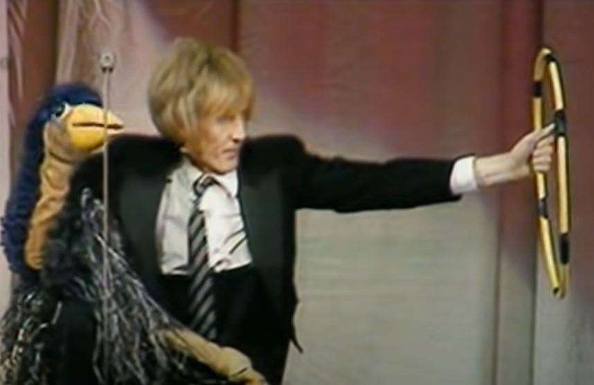 Rod Hull and Emu created a stir with this hoop routine at the London Palladium for the 1972 Royal Variety Performance. Picture: Rod Hull: A Bird in the Hand/Channel 4