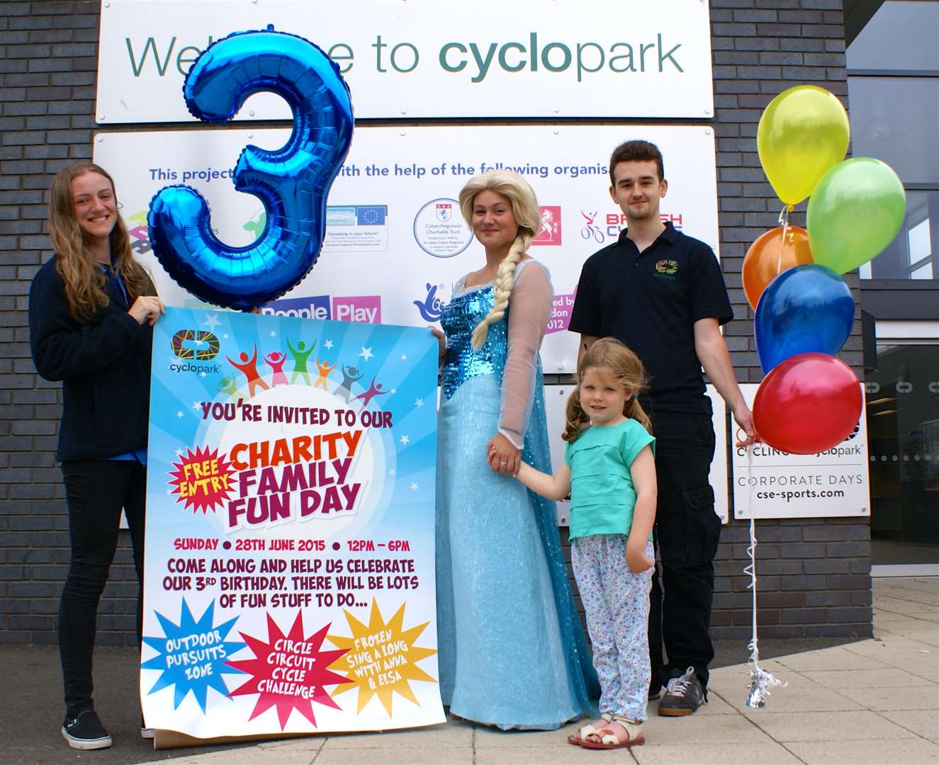 (left to right) Lizzy Pratt, Cyclopark receptionist, Princess Elsa from Frozen, Hattie Lloyd and Josh Allen Cyclopark recreational assistant