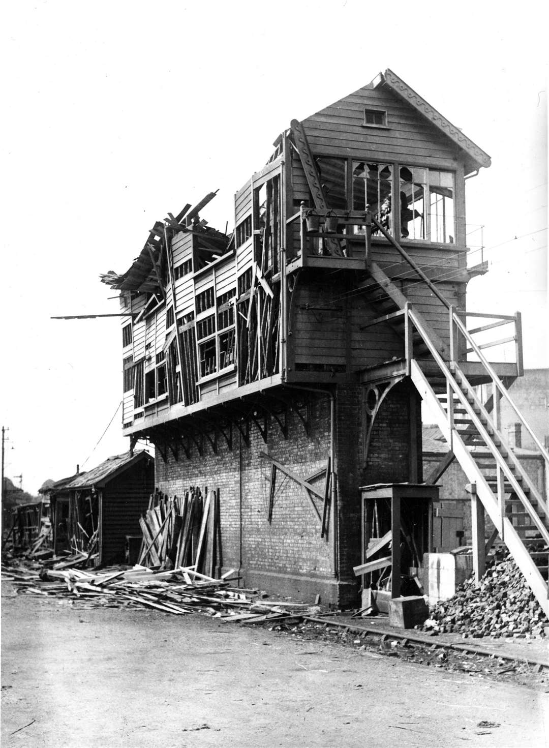 The signal box at Maidstone West station all but totally wrecked after being hit by a V1. 3 August 1944. (13247705)