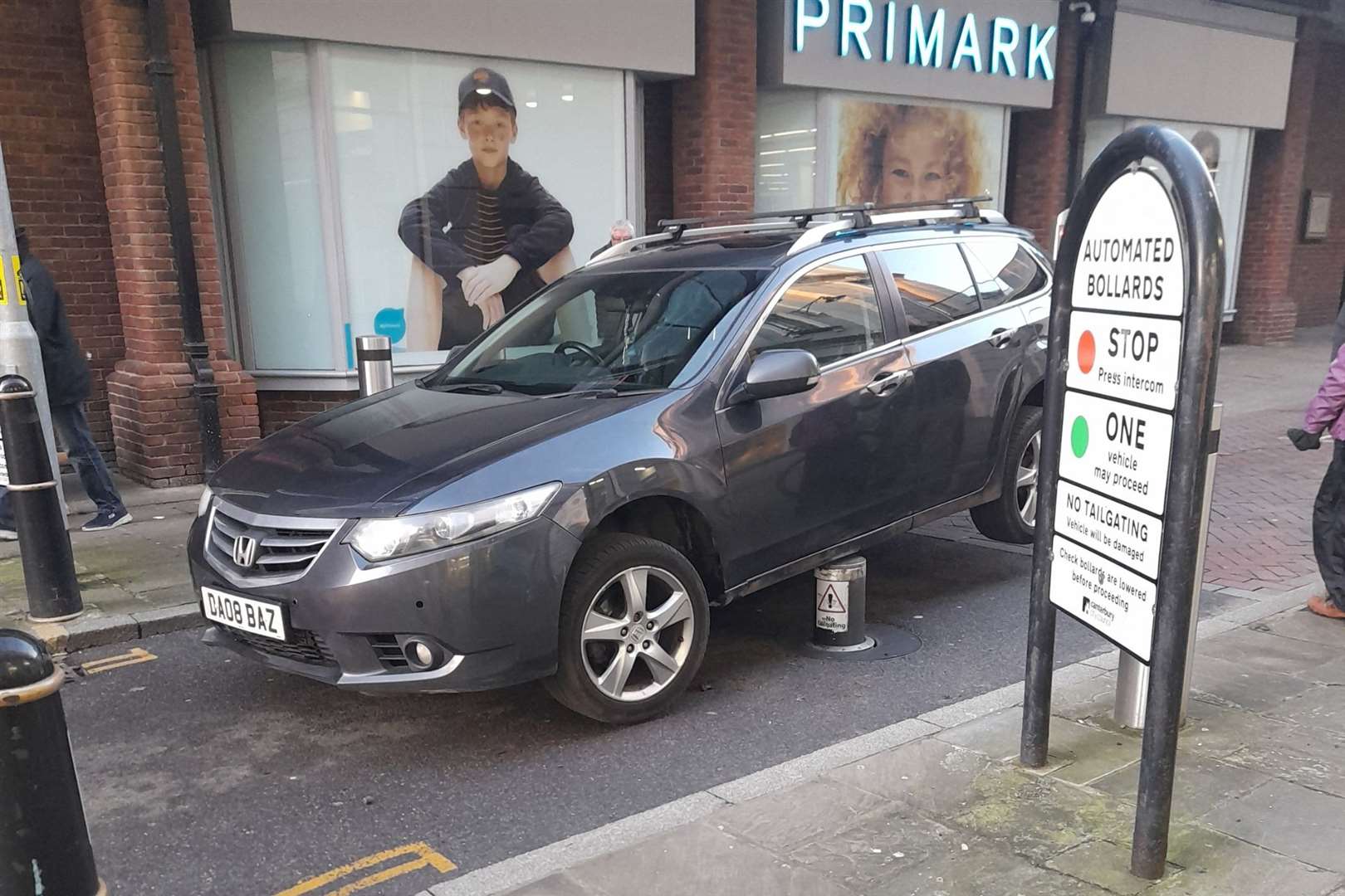 A Honda Accord has been speared by anti-terror bollards in Canterbury. Photo: Charlie Harman (62112392)