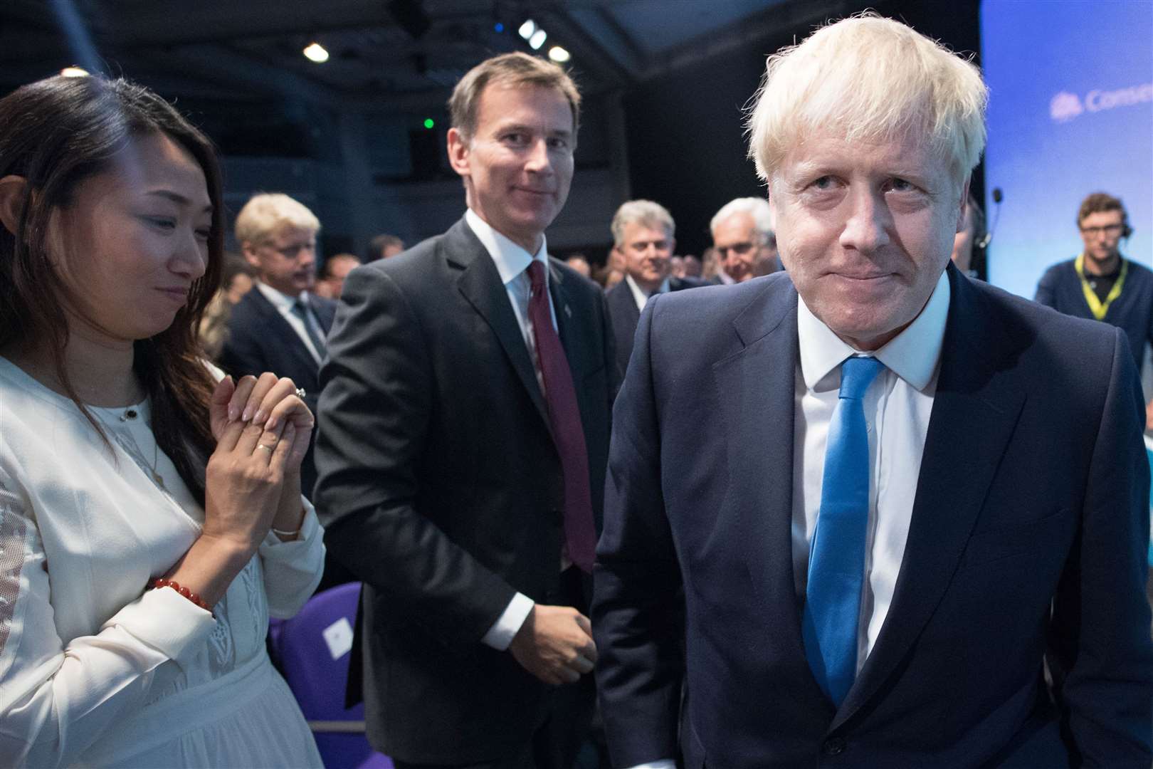 Jeremy Hunt watches as Boris Johnson is announced as the new Conservative Party leader (Stefan Rousseau/PA)