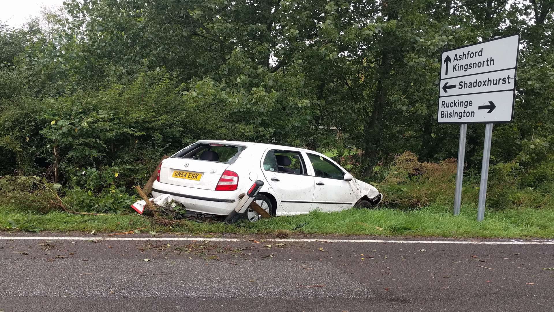 A car ended up on the grass after crashing