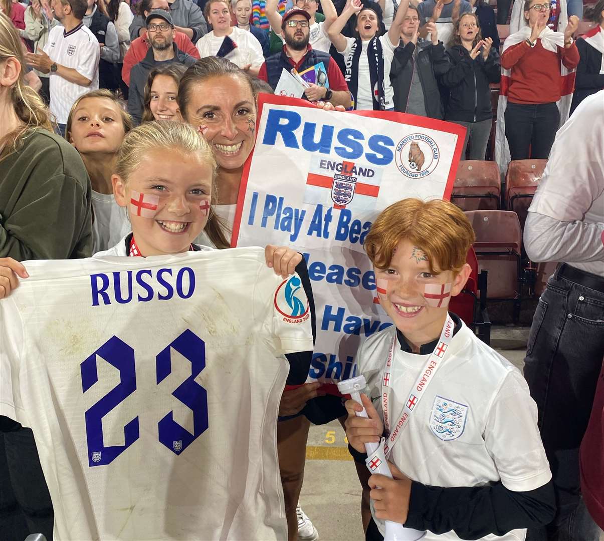 Russo helped capture the county and country's hearts including Nancy Richardson with mum Michelle Richardson and brother Henry Richardson got her shirt. Picture: Michelle Richardson