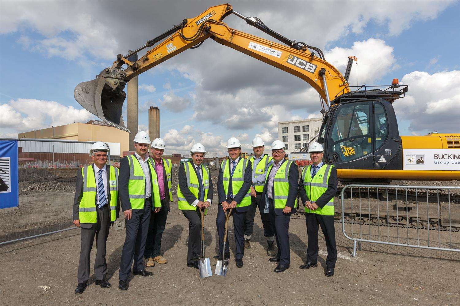 Construction work begins, from left, Carl Potter of Europa, Jamie West of Prologis, Colin Overall of Buckingham Group, Gareth Johnson MP, Andrew Baxter of Europa, Robin Russell of Buckingham Group, Paul Weston of Prologis and Russell Keep of Europa
